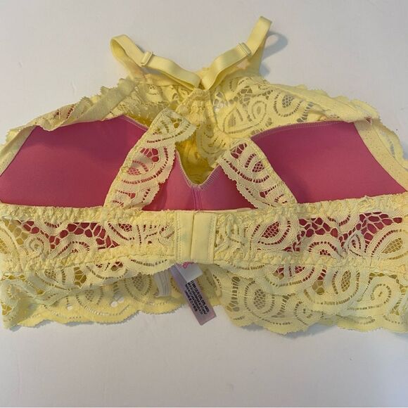 PINK Victorias Secret sexy Lace High Neck yellow padded push up bralette bra M - Picture 5 of 13